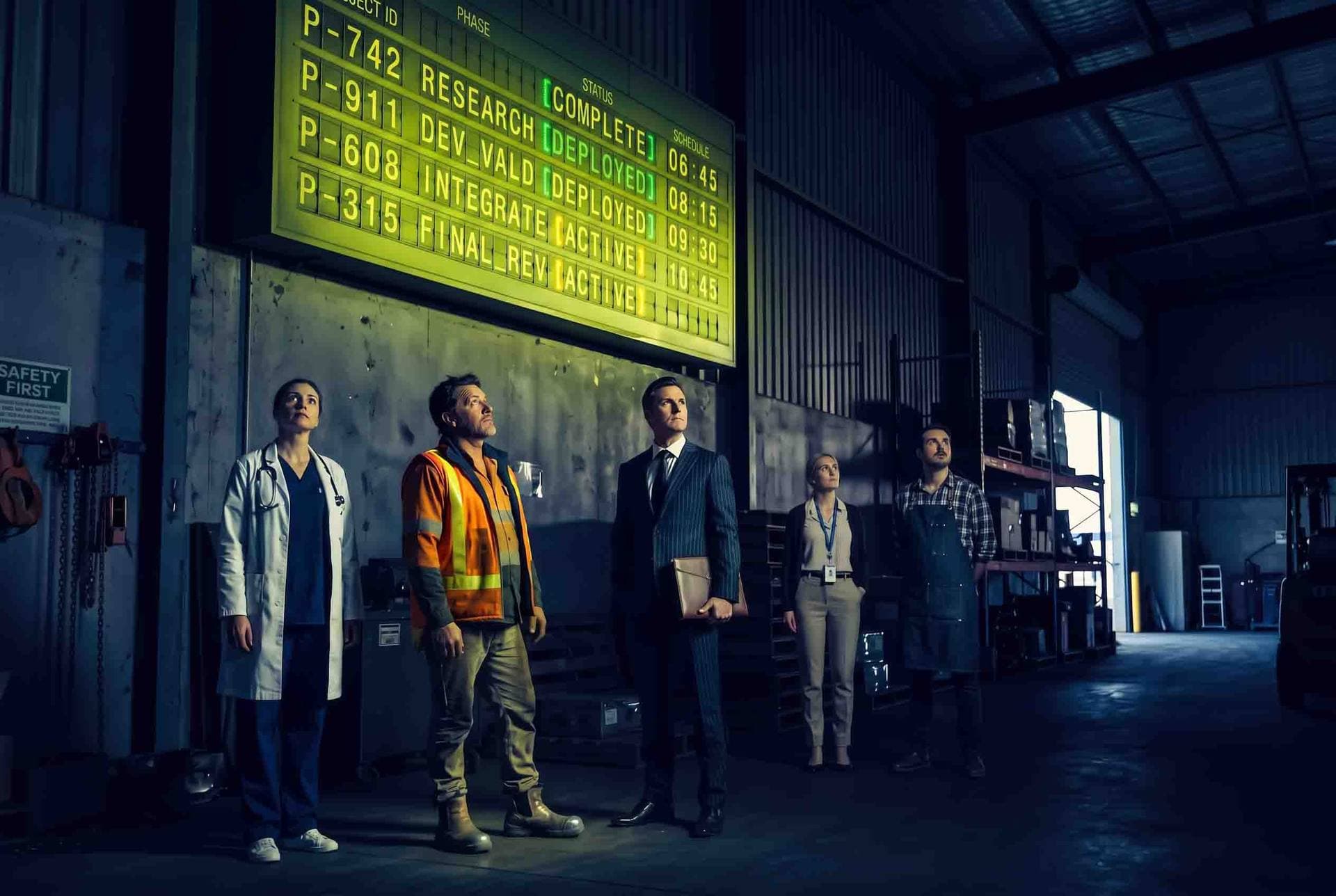 A doctor, a tradie in hi-vis, a lawyer, an office manager and a maker stand in a dark warehouse, all looking up at a glowing split-flap board