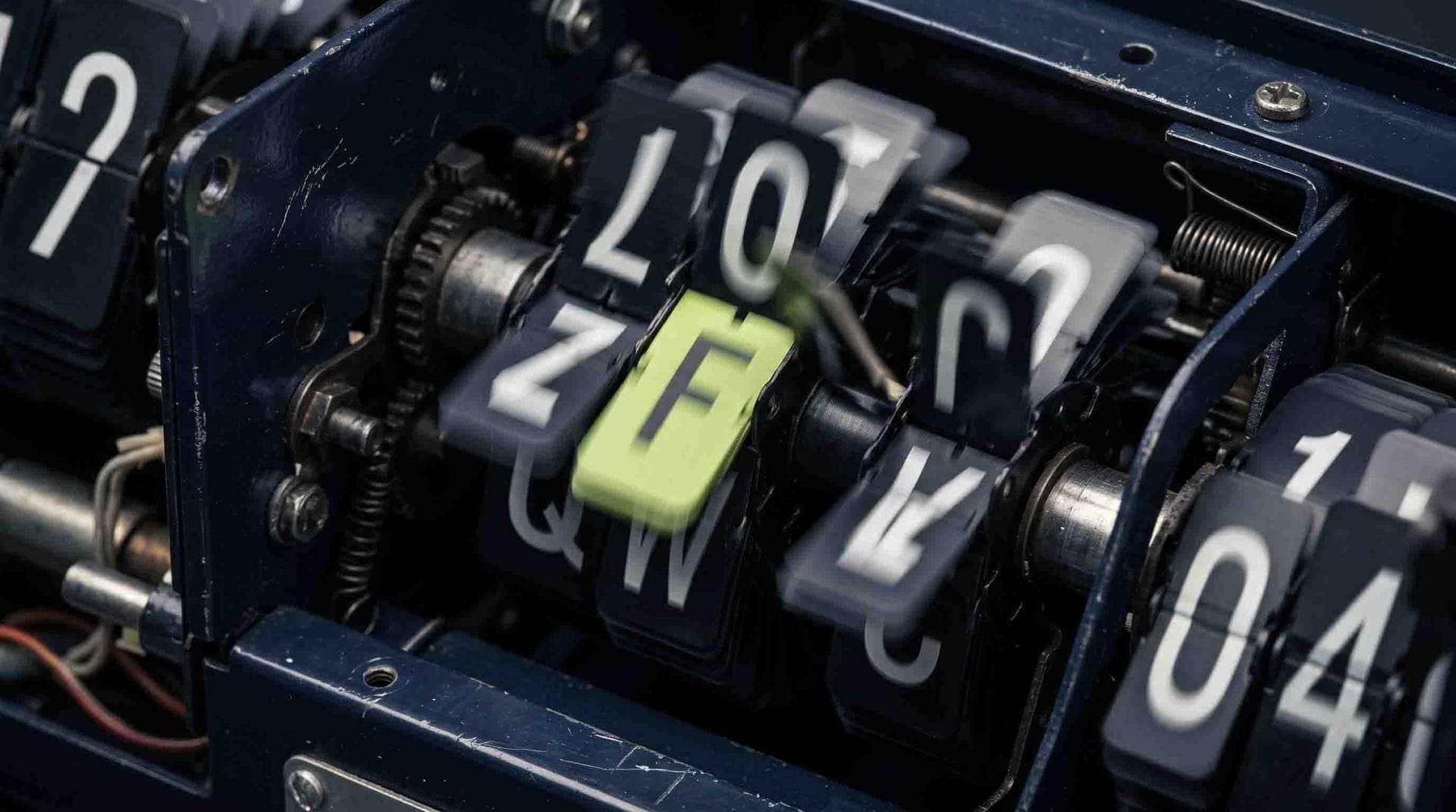Macro photograph of a split-flap mechanism mid-flip, one volt-green tile among navy flaps
