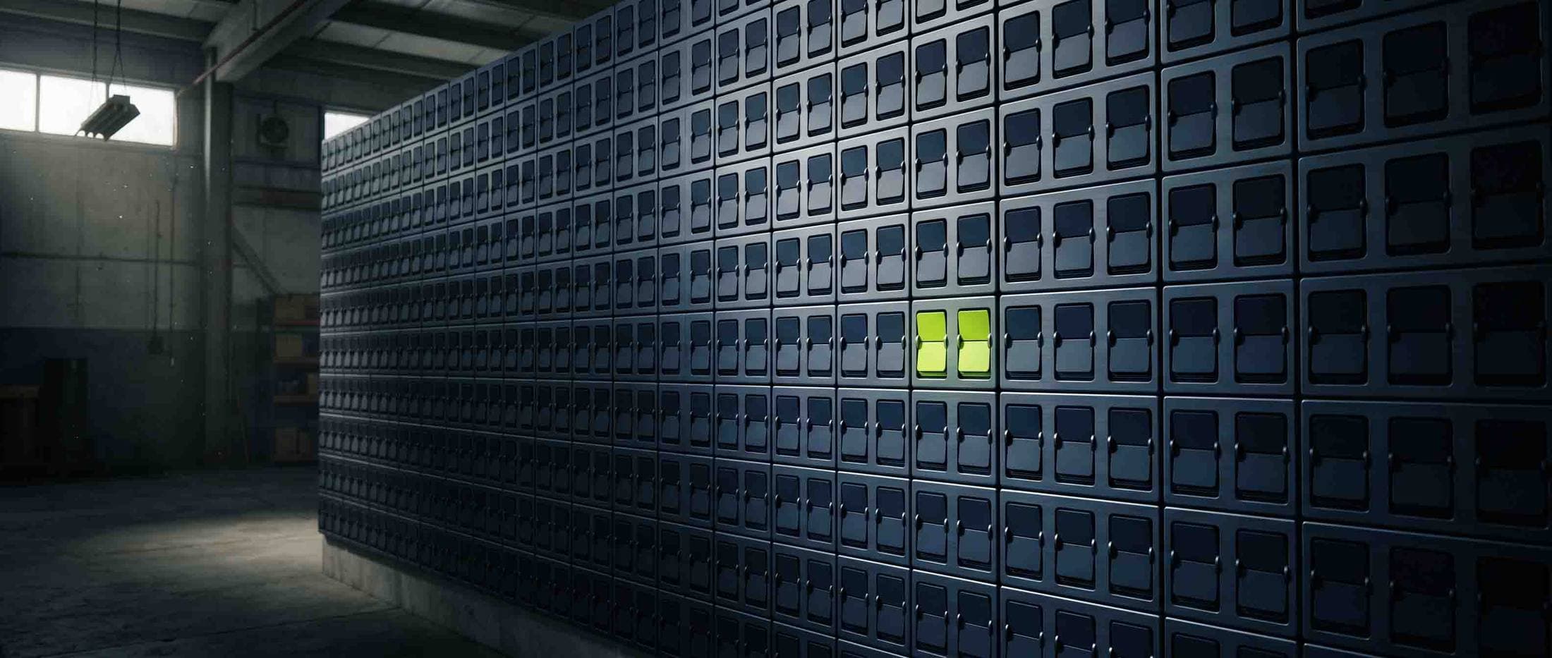 A wall of blank navy split-flap tiles in a dim warehouse, with a single volt-green tile lit