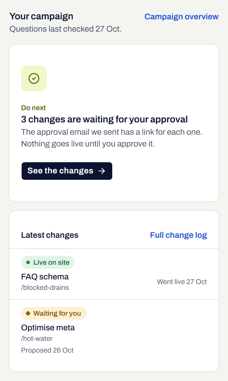 The Brain Buddy AI Studio dashboard for a demo plumbing business: changes waiting for the owner's approval, and the latest changes, marked live on the site or waiting for the owner