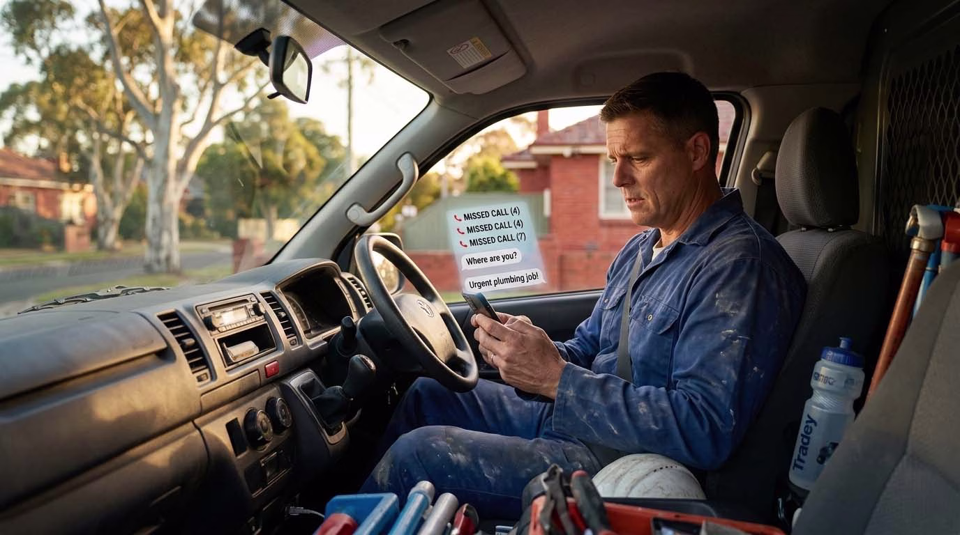 Australian tradie looking at missed calls on phone while sitting in work van after a job